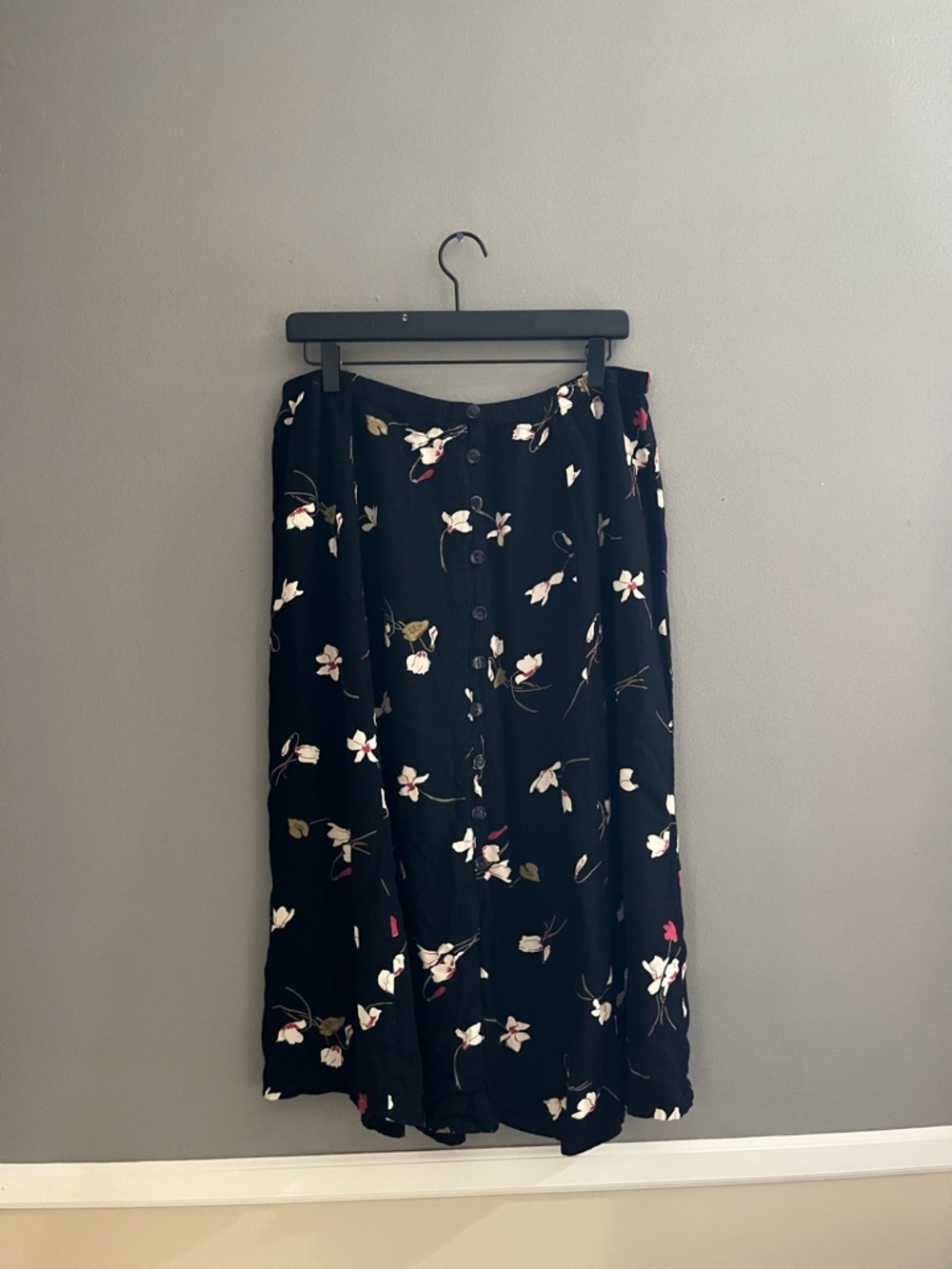 Black Floral Maxi Skirt with Button Front